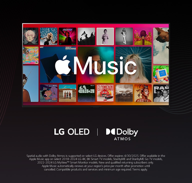 A grid layout of albums with the Apple Music logo overlayed, with LG OLED and Dolby Atmos Logo below.	