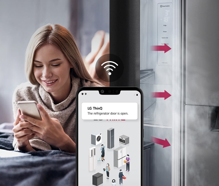 A woman lounges on a bed looking at her phone screen on one image. The second image shows that the refrigerator door has been left open. In the foreground of the two images is the phone screen which shows the LG ThinQ app notifications and the Wifi icon above the phone.