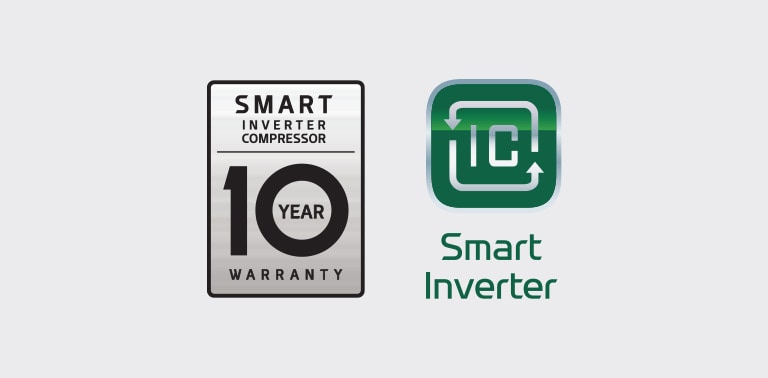 The 10 Year Warranty for the Smart Inverter Compressor logo is next to the Smart Inverter  logo.