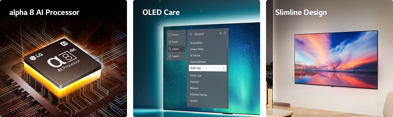 "LG's alpha 8 AI Processor on top of a motherboard, emitting orange bolts of light.  OLED TV with the OLED Care menu is selected in the support menu that is up on the screen.  The slimline design in a side of view as it is placed flat against the wall in a modern living space."