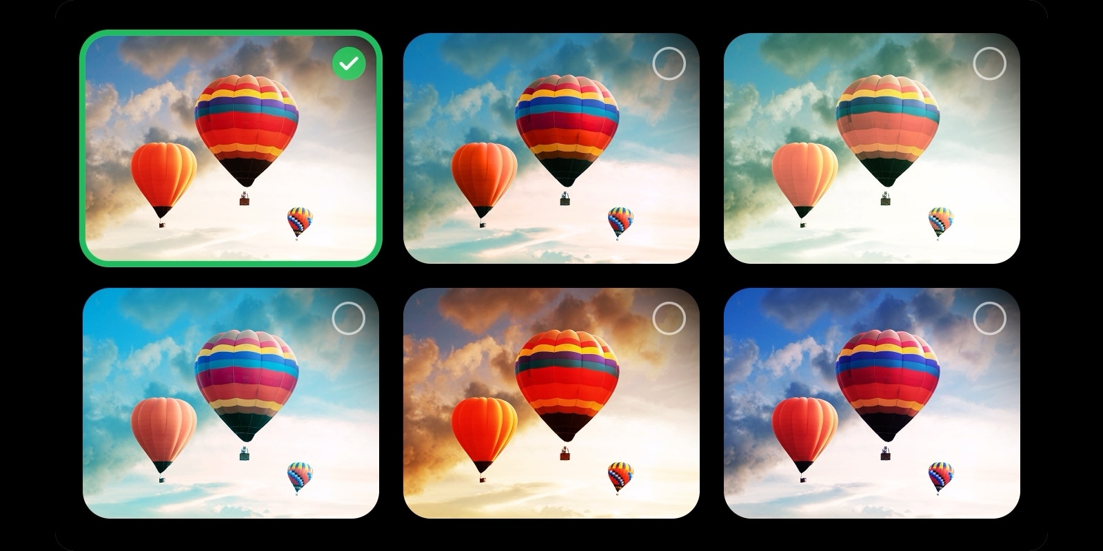 A gallery featuring 6 images of hot air balloons in the sky are shown. Two images are selected. Next, a gallery featuring 6 images of people blowing bubbles appears. 2 more are selected. A black screen appears with a pink and purple loading icon. A mystical landscape appears, and refinements appear gradually from left to right.