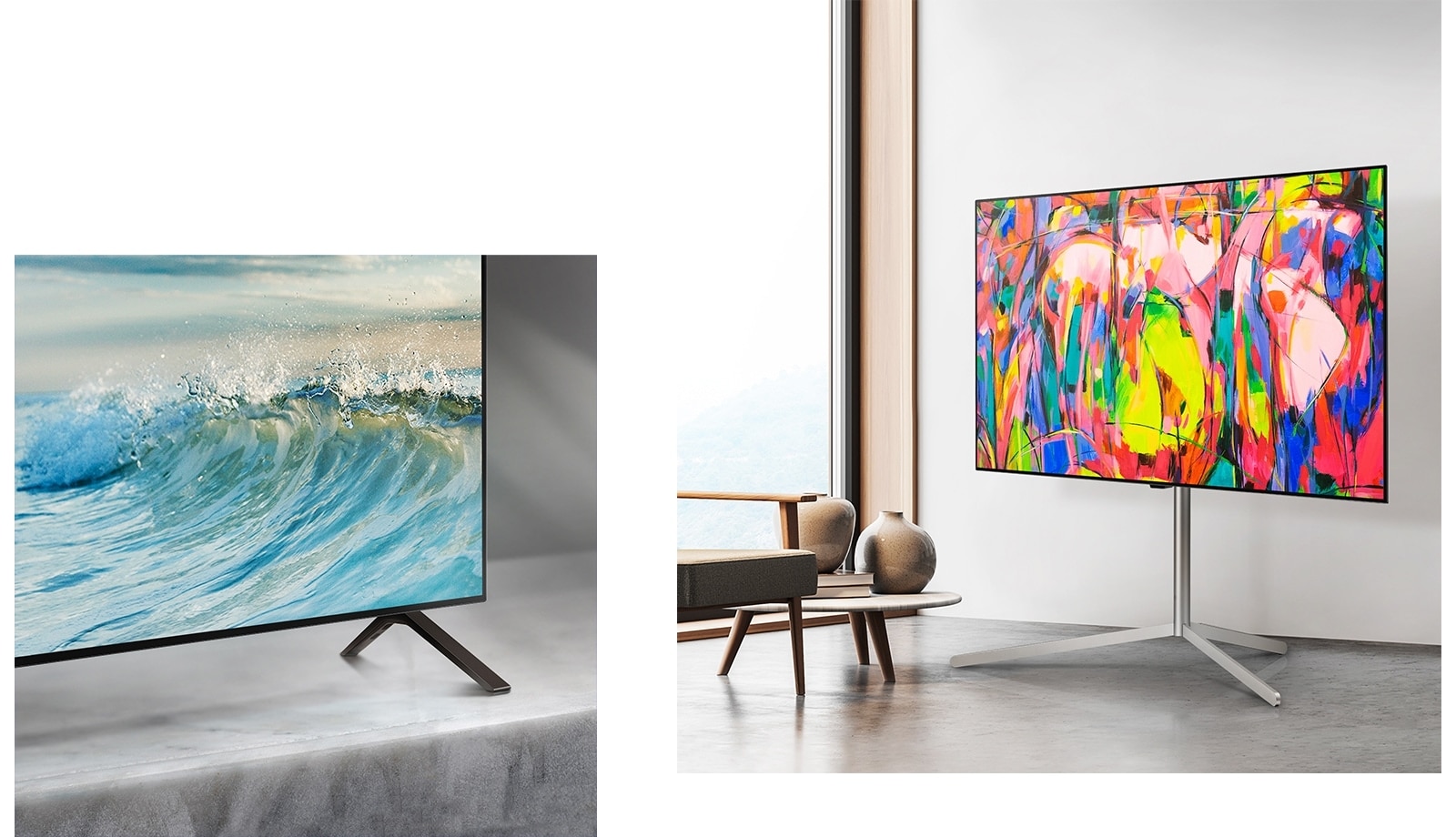 "A bottom corner of LG OLED TV, OLED B4's stand on top of a marble surface. A pale blue wave is on the screen.   LG OLED TV, OLED B4 on a stand in a minimalist space. "