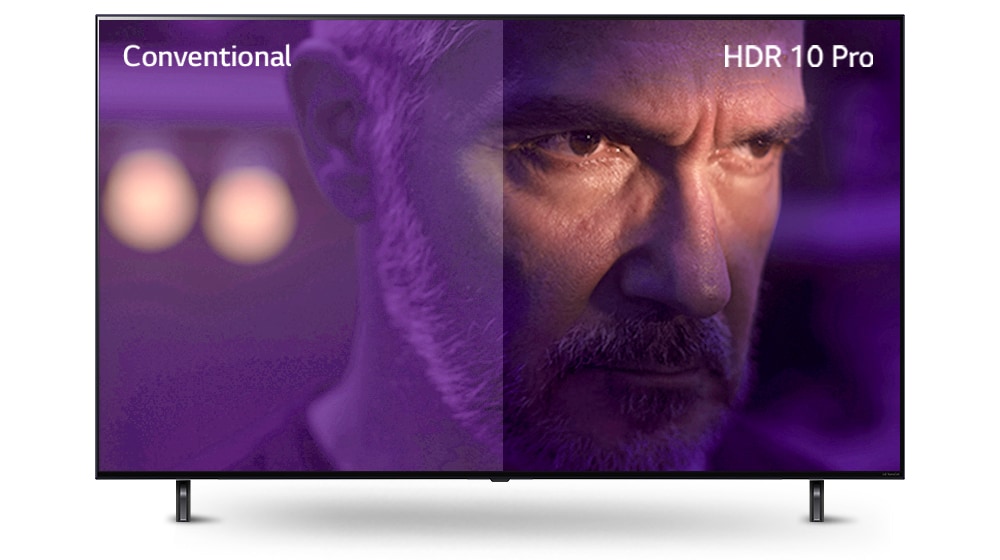 A man is staring outside, looking mad. The image is divided into two part. On left half of image appears to be dull and less vibrant color, while on the right half of image looks more vibrant with more colors. On left top corner says ‘conventional’, on right top corner says ‘HDR 10 PRO’. 