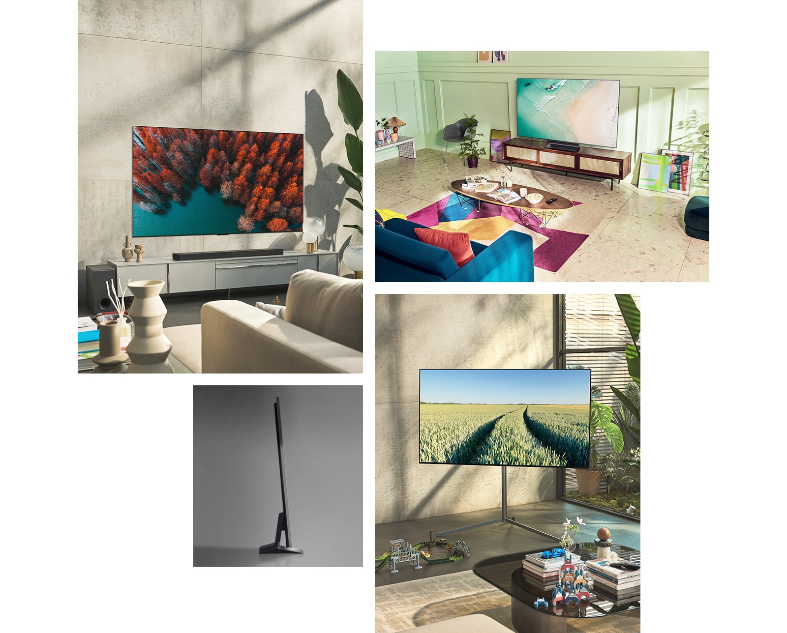 An LG OLED G2 is hung on the wall in a neutral-colored living room with plants and rustic ornaments. An LG OLED G2 sits on a TV stand in a mint green room with colorful art and furnishings. An LG OLED G2 with Gallery Stand is in the corner of a room in a family home. A side view of the ultra-slim edge of LG OLED G2.