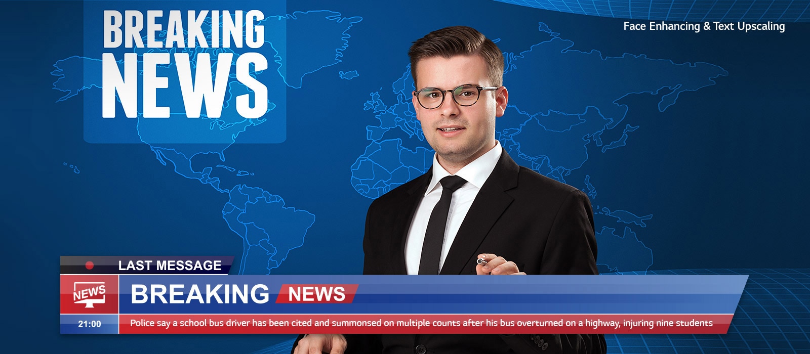 Slider comparison of picture quality of an anchor delivering breaking news with background of world map