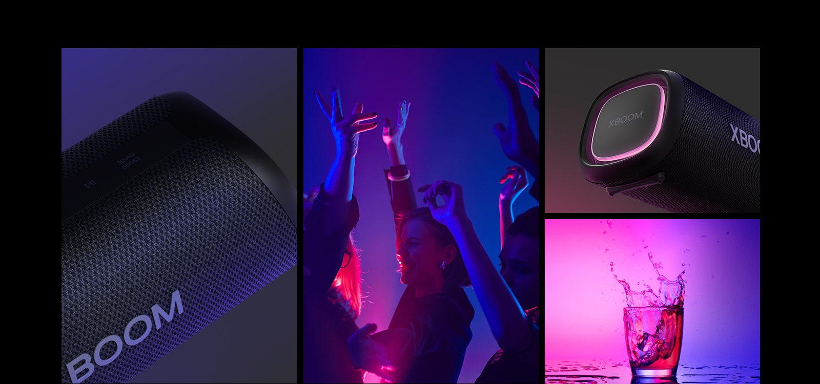 College. From left, close up view of LG XBOOM Go XG7. Next, an image of people enjoying the music. On the right from top to bottom: close-up view of the speaker with pink lighting and two glasses of drink.