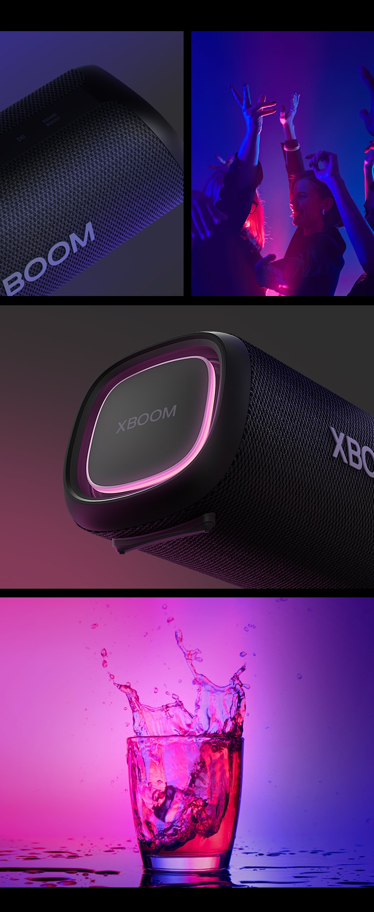 College. From left, close up view of LG XBOOM Go XG7. Next, an image of people enjoying the music. On the right from top to bottom: close-up view of the speaker with pink lighting and two glasses of drink.