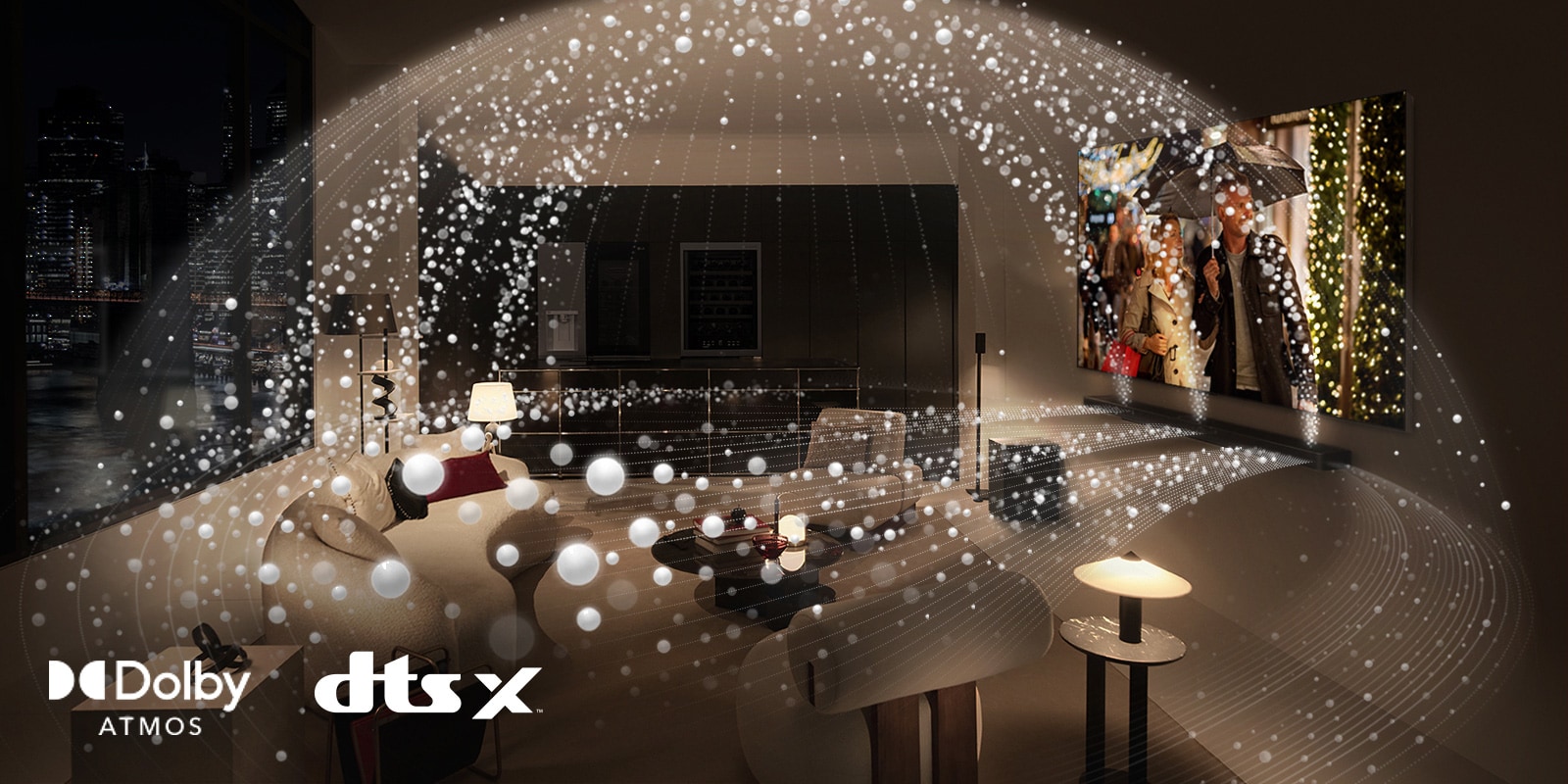 A movie plays on an LG OLED TV and LG Soundbar in a modern city apartment in a side angle view. White beads depicting sound waves project upwards and downwards from the Soundbar and TV, creating a dome of sound in the space.  Dolby Atmos logo DTS X logo