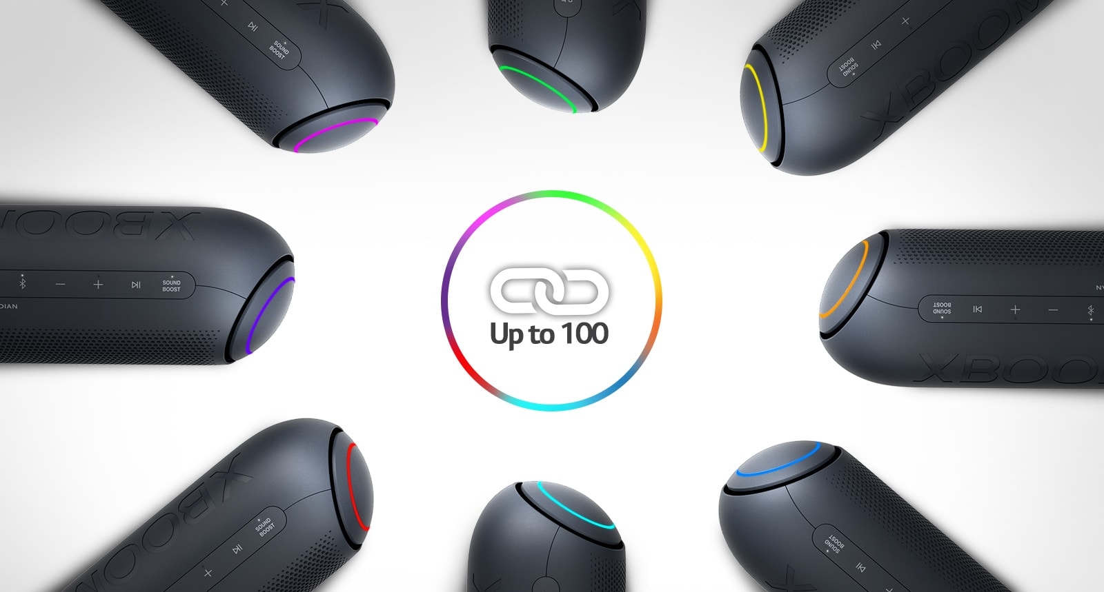 On a white background, eight LG XBOOM Go with various lights are placed in a circle around a link icon.