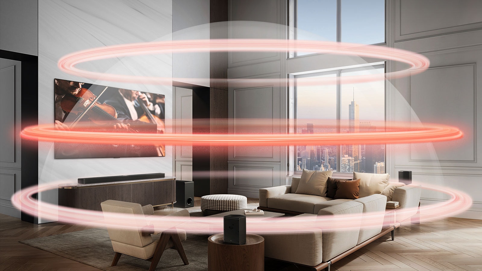 LG Soundbar and LG TV are in a grand city apartment. Three red bands appear one at a time depicting virtual layers, and come together to create a whole sound dome.