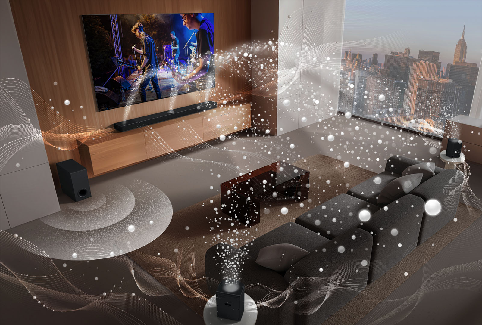 LG Soundbar, LG TV and a subwoofer are in a living room of a skyscraper, playing a musical performance. White soundwaves made up of droplets project from the soundbar, looping around the sofa and living space. A subwoofer is creating a sound effect from the bottom. Dolby Atmos logo DTS X logo