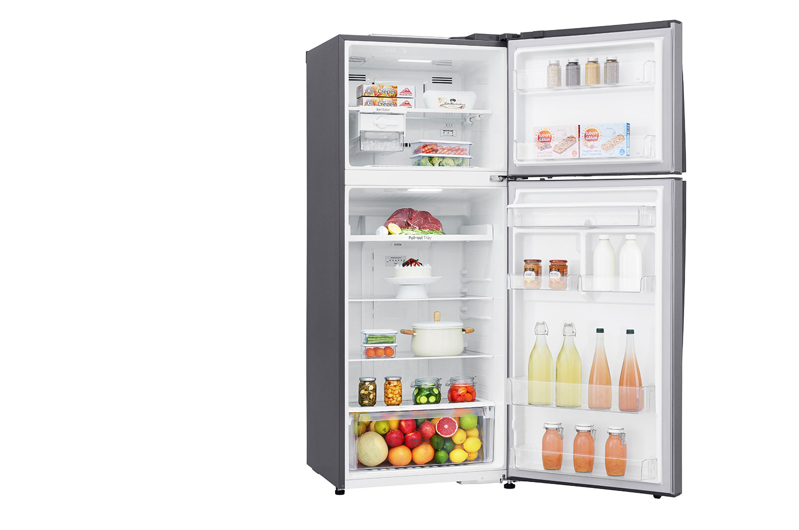 LG 438(L) | Top Freezer Refrigerator | Smart Inverter Compressor | Water Dispenser | NatureFRESH™ | LinearCooling™, left view with food, GL-T652HLCM