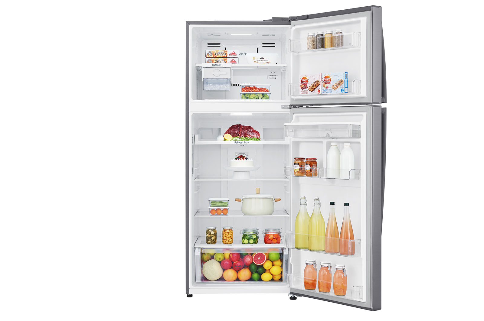 LG 438(L) | Top Freezer Refrigerator | Smart Inverter Compressor | Water Dispenser | NatureFRESH™ | LinearCooling™, Front view door open with food, GL-T652HLCM