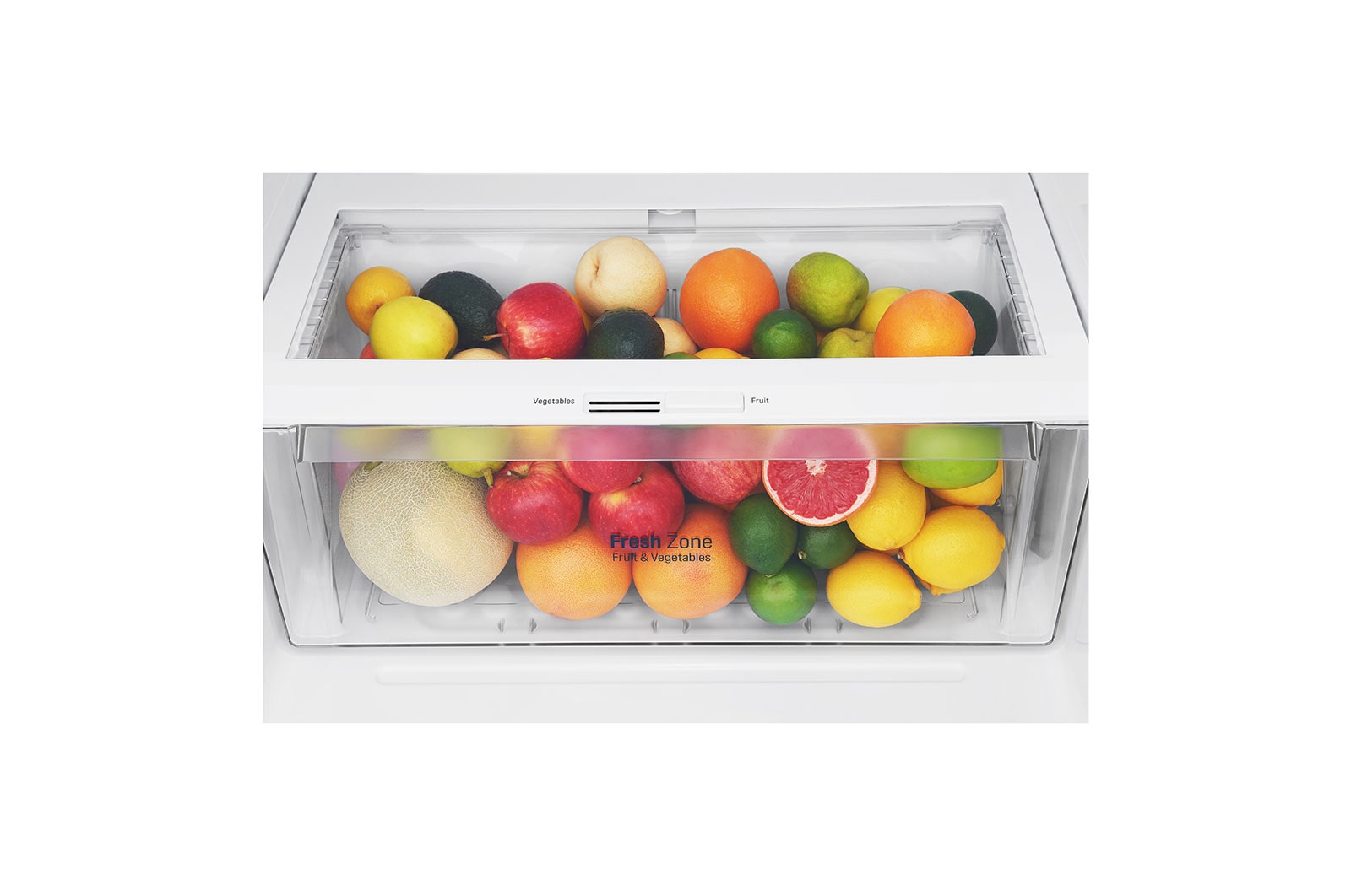 LG 438(L) | Top Freezer Refrigerator | Smart Inverter Compressor | Water Dispenser | NatureFRESH™ | LinearCooling™, Drawer view with food, GL-T652HLCM