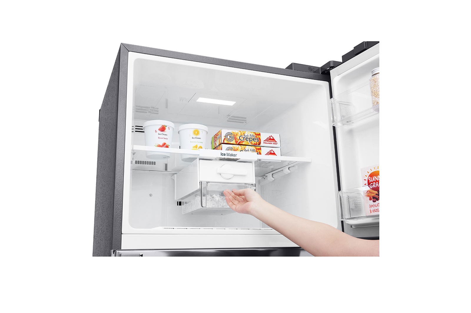 LG 438(L) | Top Freezer Refrigerator | Smart Inverter Compressor | Water Dispenser | NatureFRESH™ | LinearCooling™, freezer view with food, GL-T652HLCM