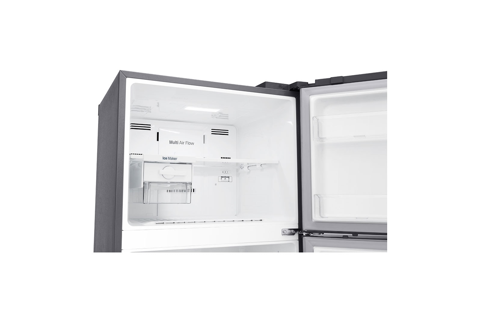 LG 438(L) | Top Freezer Refrigerator | Smart Inverter Compressor | Water Dispenser | NatureFRESH™ | LinearCooling™, freezer view without food, GL-T652HLCM