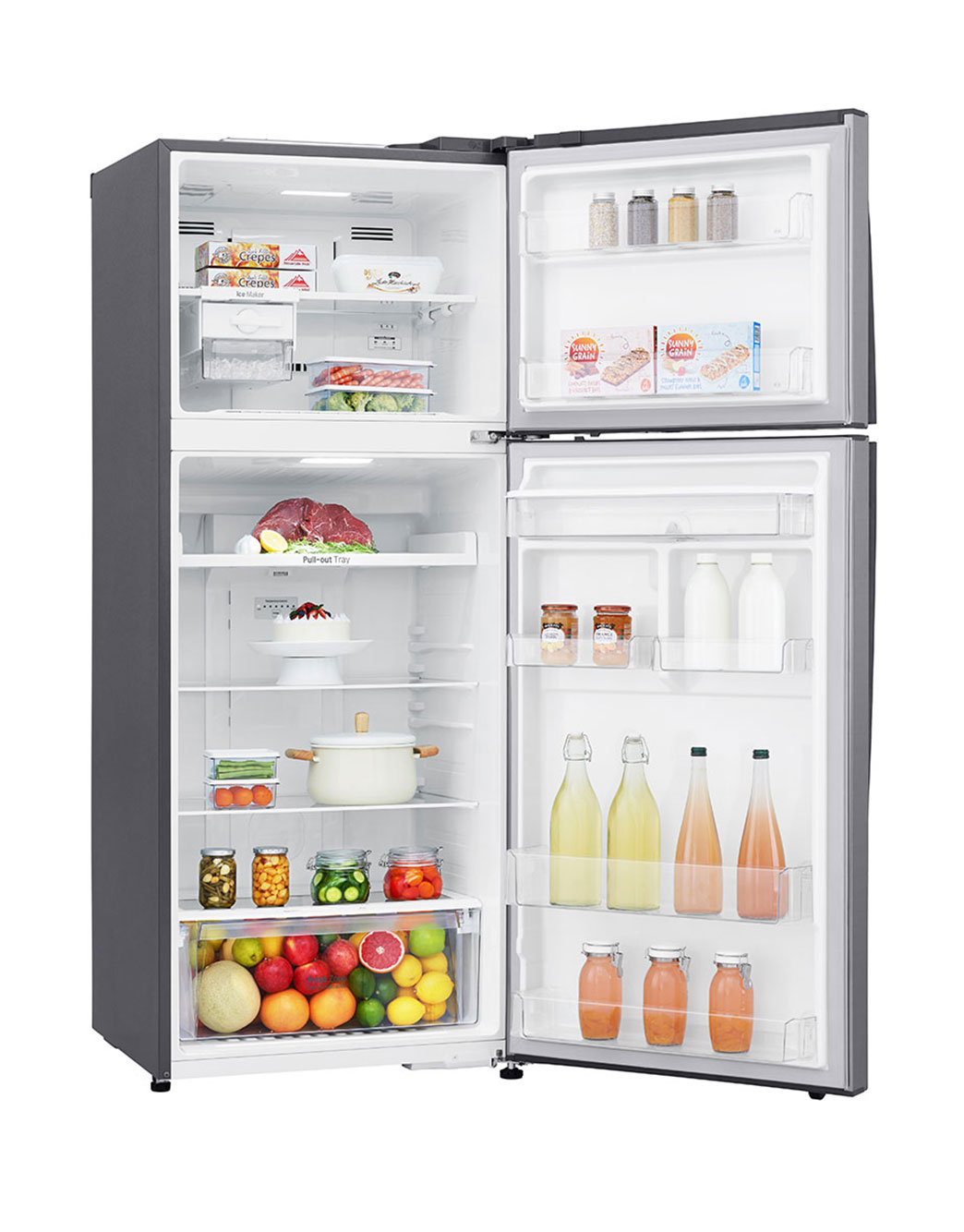 LG 438(L) | Top Freezer Refrigerator | Smart Inverter Compressor | Water Dispenser | NatureFRESH™ | LinearCooling™, left view with food, GL-T652HLCM