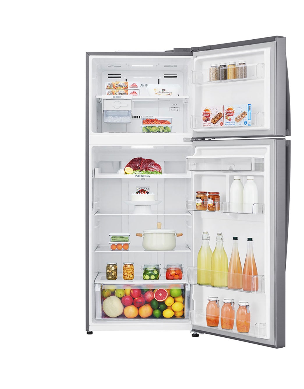 LG 438(L) | Top Freezer Refrigerator | Smart Inverter Compressor | Water Dispenser | NatureFRESH™ | LinearCooling™, Front view door open with food, GL-T652HLCM