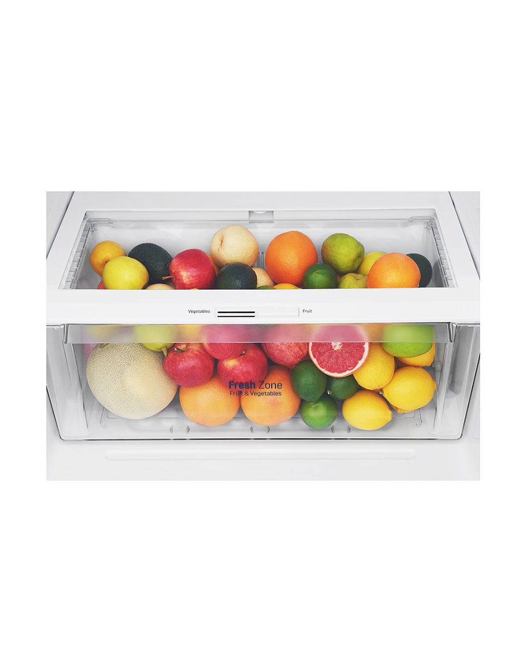 LG 438(L) | Top Freezer Refrigerator | Smart Inverter Compressor | Water Dispenser | NatureFRESH™ | LinearCooling™, Drawer view with food, GL-T652HLCM