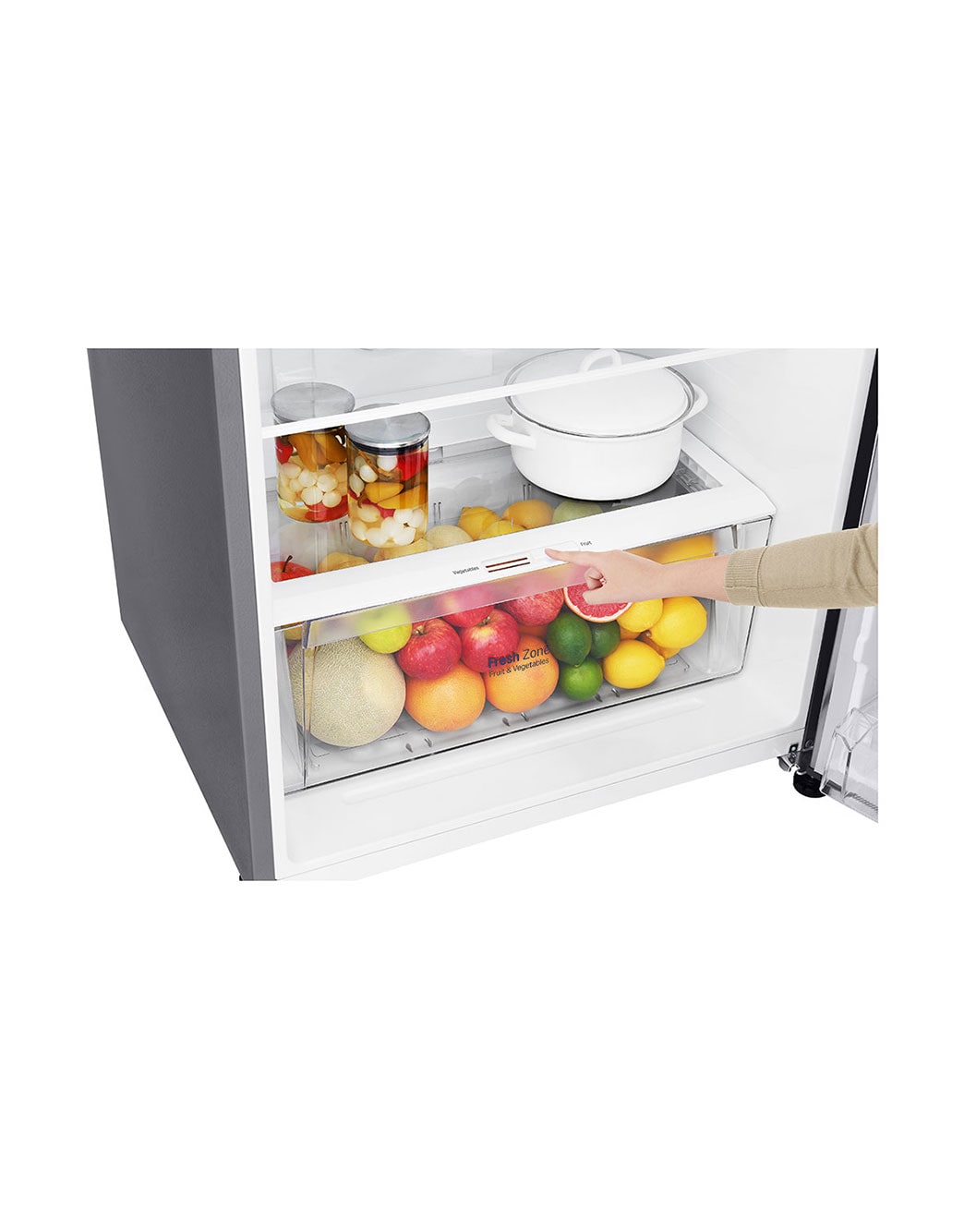 LG 438(L) | Top Freezer Refrigerator | Smart Inverter Compressor | Water Dispenser | NatureFRESH™ | LinearCooling™, Drawer view with food, GL-T652HLCM