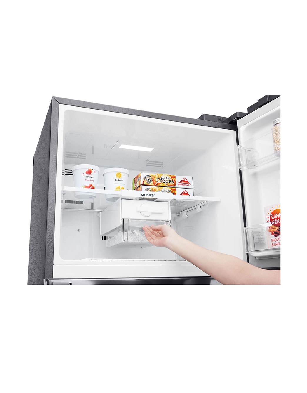 LG 438(L) | Top Freezer Refrigerator | Smart Inverter Compressor | Water Dispenser | NatureFRESH™ | LinearCooling™, freezer view with food, GL-T652HLCM