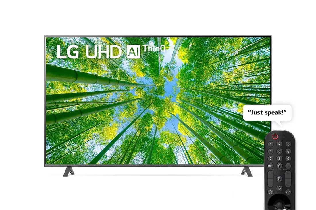 LG UHD 4K TV 2022 | 50 Inch | UQ8000 Series| WebOS | Smart AI ThinQ | Magic Remote | HDR10 Pro | Game Optimizer & Dashboard, A front view of the LG UHD TV with infill image and product logo on, 50UQ80006LD