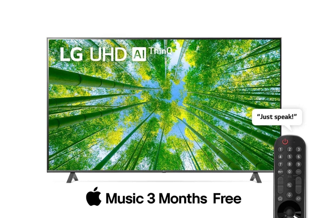 LG UHD 4K TV 2022 | 70 Inch | UQ8000 Series| WebOS | Smart AI ThinQ | Magic Remote | HDR10 Pro | Game Optimizer & Dashboard, A front view of the LG UHD TV with infill image and product logo on, 70UQ80006LD