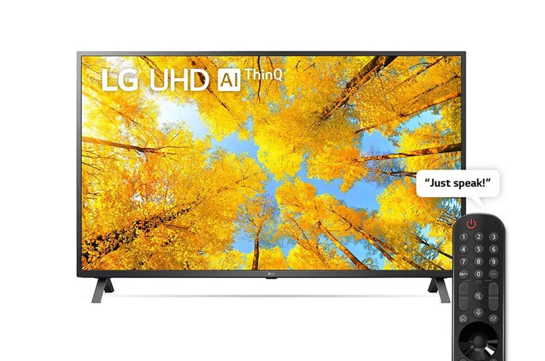 LG UHD 4K TV | 65 Inch | UQ75 series| WebOS | Smart AI ThinQ | Magic Remote | HDR10 Pro | Game Optimizer & Dashboard, A front view of the LG UHD TV with infill image and product logo on, 65UQ75006LG