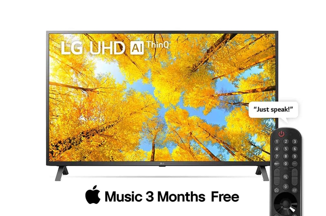 LG UHD 4K TV | 43 Inch | UQ75 series| WebOS | Smart AI ThinQ | Magic Remote | HDR10 Pro | Game Optimizer & Dashboard, A front view of the LG UHD TV with infill image and product logo on, 43UQ75006LG