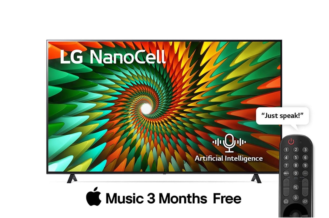 LG Nanocell TV 2023 | 65 Inch |  NANO77R series | WebOS | Smart AI ThinQ | Magic Remote | 3 side cinema | HDR10 |HLG | AI Sound Pro (5.1.2ch) | 2 Pole stand, A front view of the LG NanoCell TV, 65NANO776RA