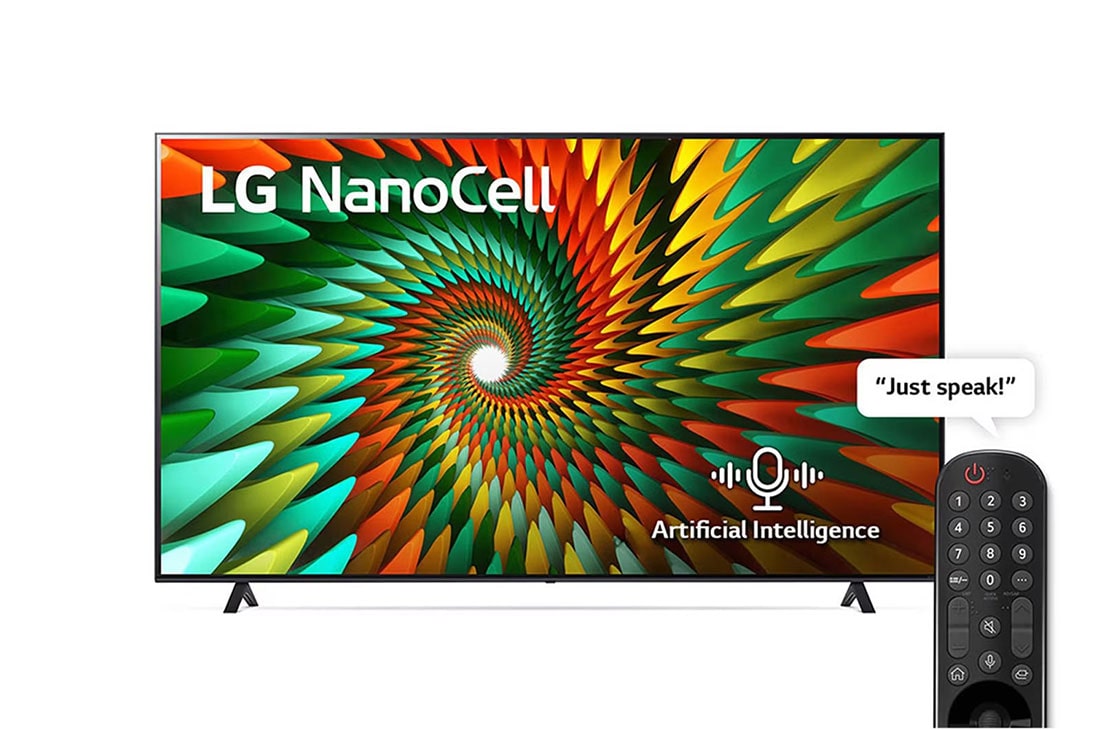 LG Nanocell TV 2023 | 55 Inch |  NANO77R series | WebOS | Smart AI ThinQ | Magic Remote | 3 side cinema | HDR10 |HLG | AI Sound Pro (5.1.2ch) | 2 Pole stand, A front view of the LG NanoCell TV, 55NANO776RA