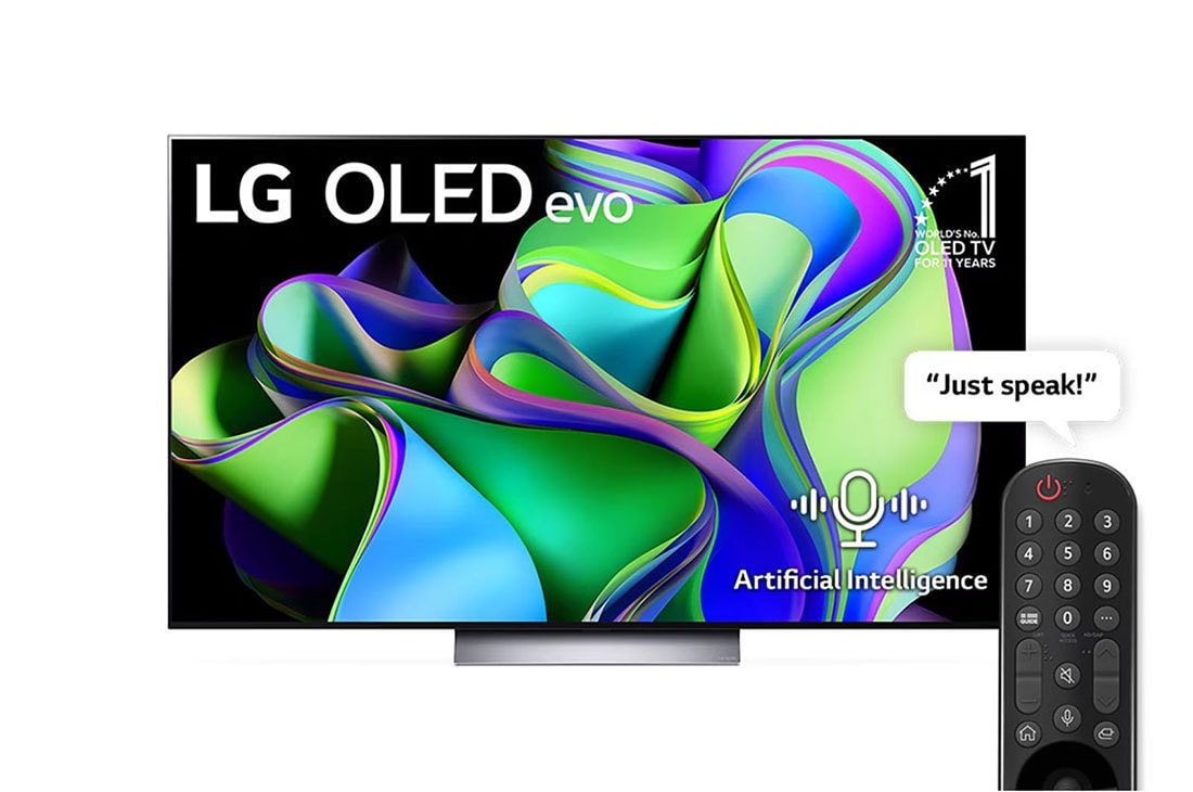 LG OLED 2023 | 55 Inch | C3 series| 4k Cinema HDR | AI Sound  Pro |  Magic Remote | Self-lit | Immersive Surround Sound  | WebOS | Smart  AI ThinQ, Front view with LG OLED evo and 10 Years World No.1 OLED Emblem on screen, as well as the Soundbar below. , OLED55C36LA