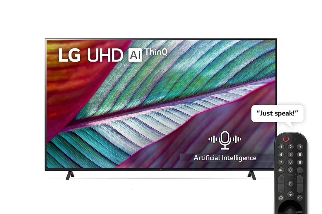 LG UHD 4K TV 2023| 43 Inch | UR78 series| WebOS | Smart AI ThinQ | Magic Remote | 3 side cinema | HDR10|HLG| AI Sound (5.1ch)| 2 Pole stand, A front view of the LG UHD TV, 43UR78006LL