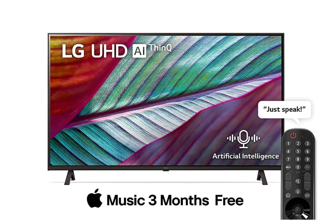 LG UHD 4K TV 2023| 43 Inch | UR78 series| WebOS | Smart AI ThinQ | Magic Remote | 3 side cinema | HDR10|HLG| AI Sound (5.1ch)| 2 Pole stand, A front view of the LG UHD TV, 43UR78006LL