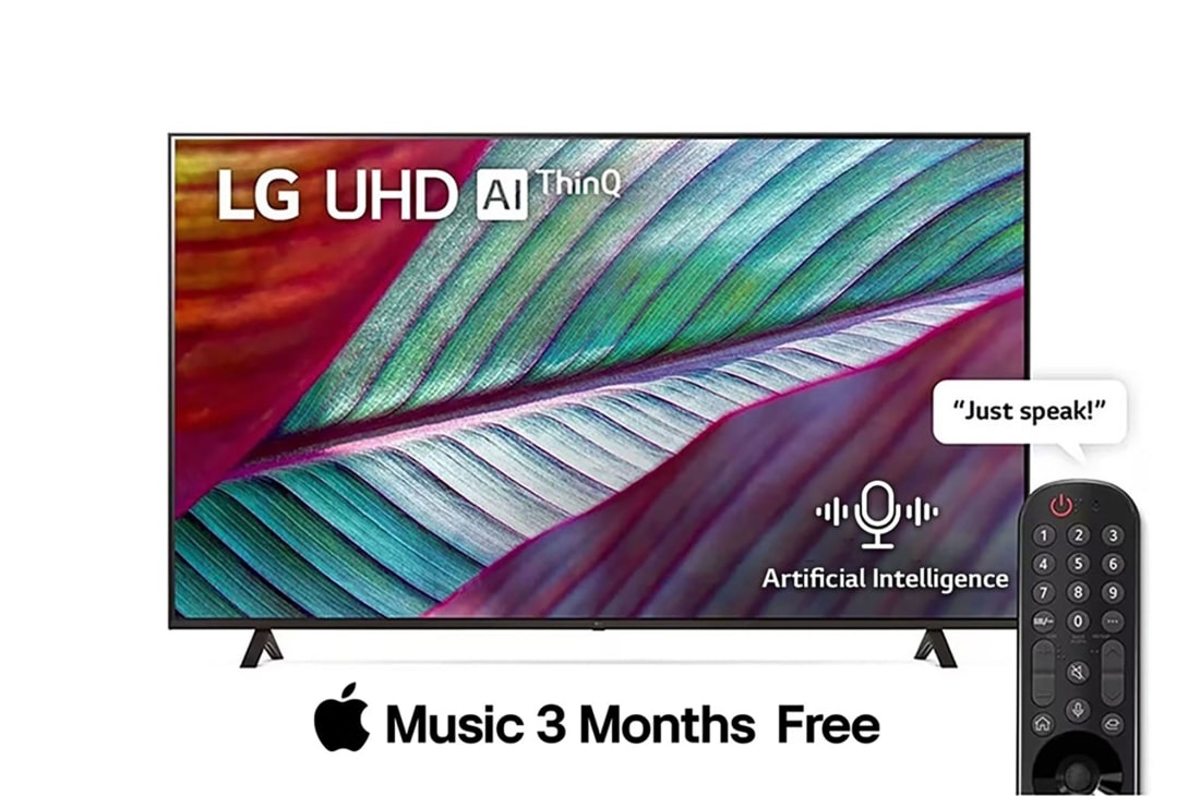 LG UHD 4K TV 2023| 65 Inch | UR78 series| WebOS | Smart AI ThinQ | Magic Remote | 3 side cinema | HDR10|HLG| AI Sound (5.1ch)| 2 Pole stand, A front view of the LG UHD TV, 65UR78006LL