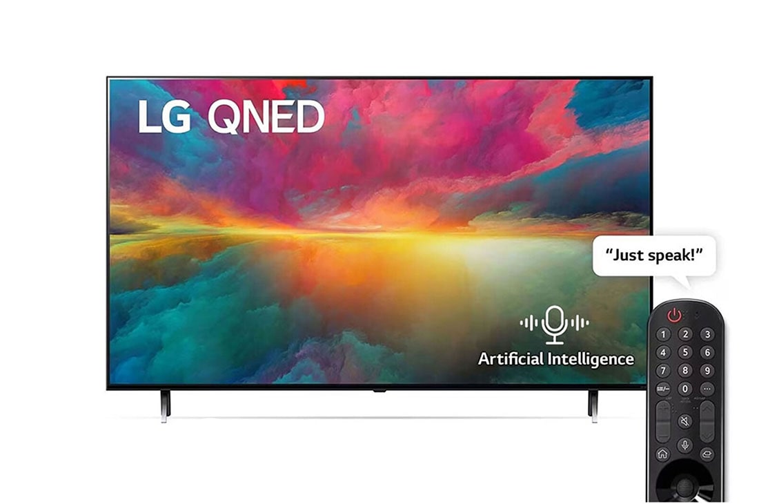 LG QNED TV 2023 | 55 Inch| QNED75R Series |  WebOS |  Smart AI ThinQ | Magic Remote | 3 side cinema| HDR10 | HLG| AI Sound Pro (5.1.2ch) | 2 Pole stand, A front view of the LG QNED TV with infill image and product logo on, 55QNED756RB