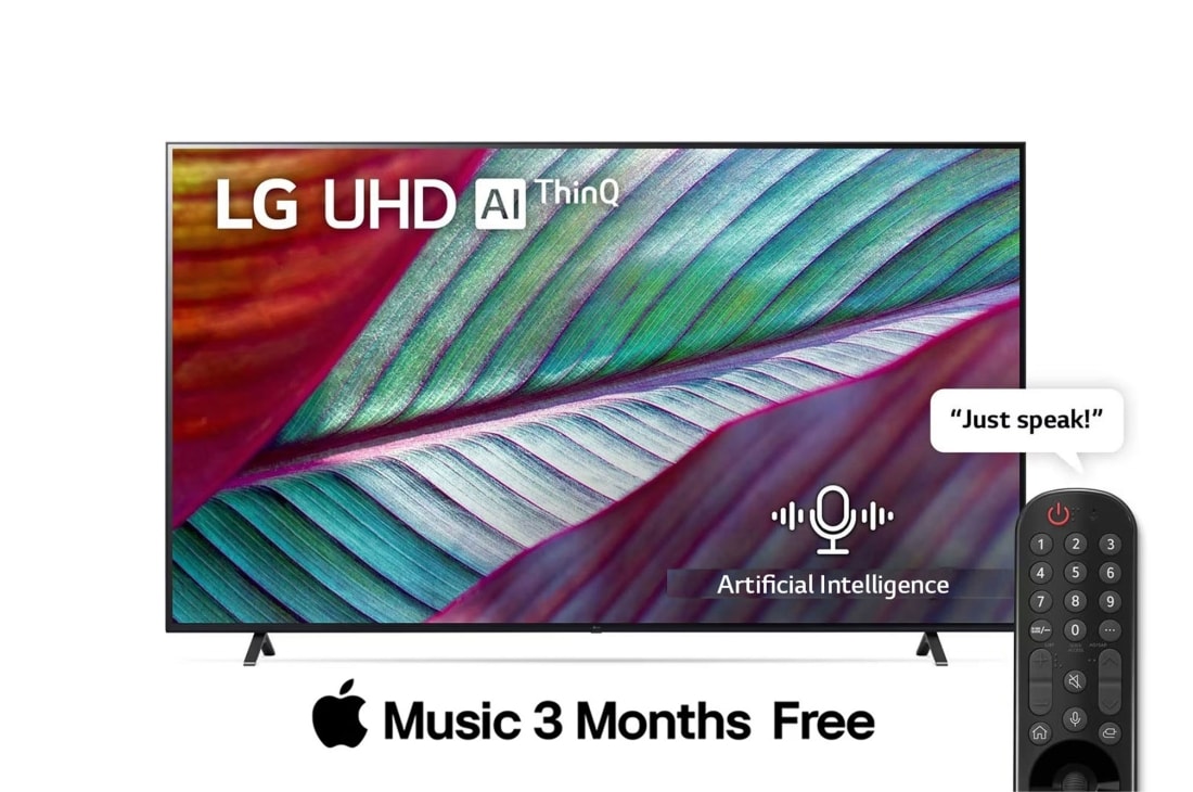 LG, UHD 4K TV, 86 inch UR78 series, WebOS Smart AI ThinQ, Magic Remote, 3 side cinema, HDR10, HLG, AI Sound (5.1ch), 2 Pole stand, 2023 New, A front view of the LG UHD TV, 86UR78006LL