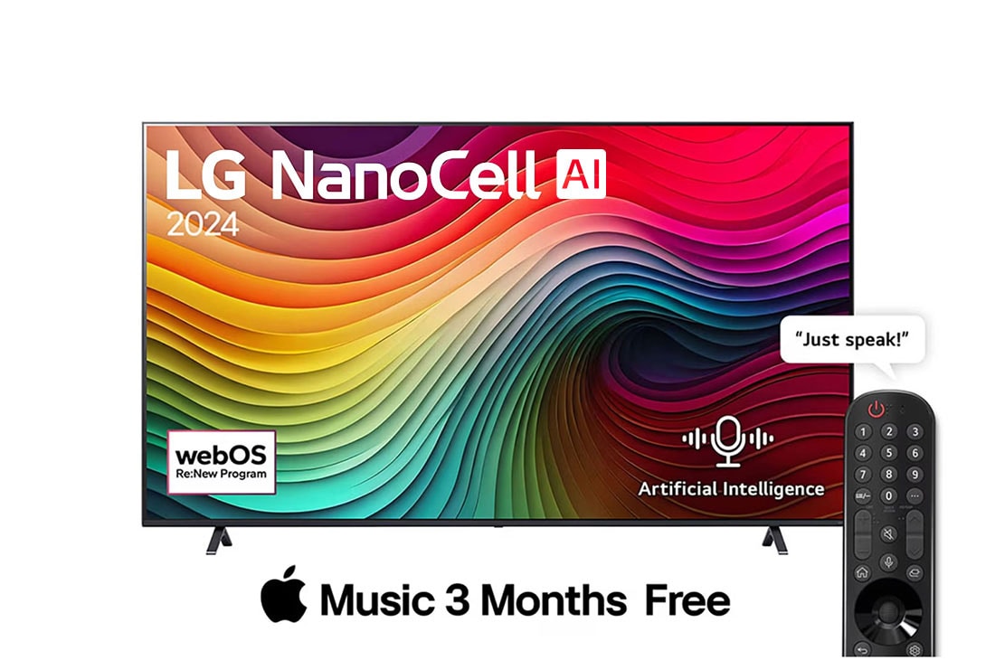 LG 86 Inch LG NanoCell AI NANO80 4K Smart TV AI Magic remote HDR10 webOS24 - 86NANO80T6A (2024), Front view of LG NanoCell TV, NANO80 with text of LG NanoCell AI, 2024, and webOS Re:New Program logo on screen, 86NANO80T6A