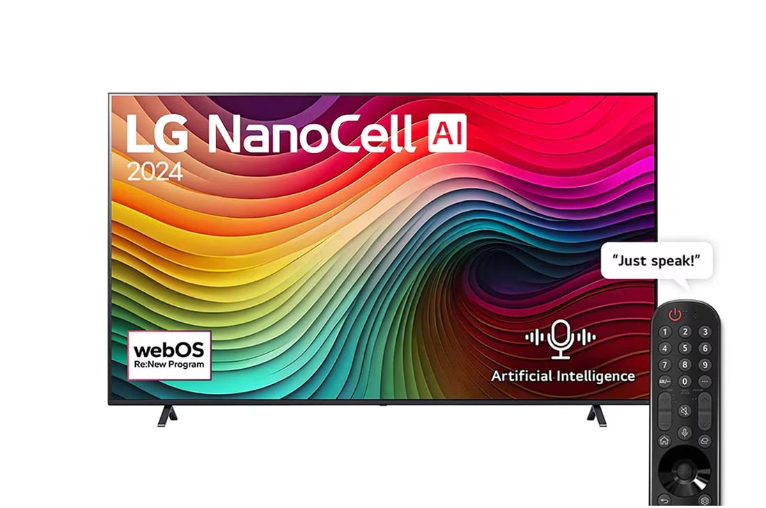 LG 86 Inch LG NanoCell AI NANO80 4K Smart TV AI Magic remote HDR10 webOS24 - 86NANO80T6A (2024), Front view of LG NanoCell TV, NANO80 with text of LG NanoCell AI, 2024, and webOS Re:New Program logo on screen, 86NANO80T6A