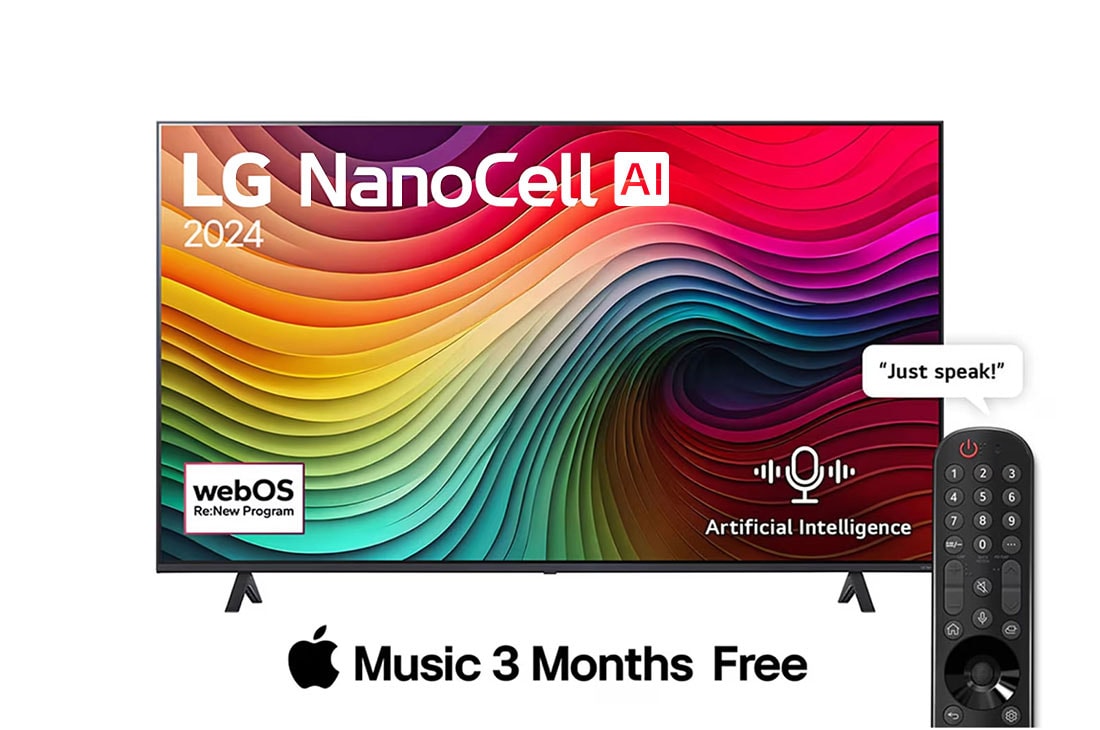 LG 55 Inch LG NanoCell AI NANO80 4K Smart TV AI Magic remote HDR10 webOS24 - 55NANO80T6A (2024), Front view of LG NanoCell TV, NANO80 with text of LG NanoCell, 2024, and webOS Re:New Program logo on screen, 55NANO80T6A