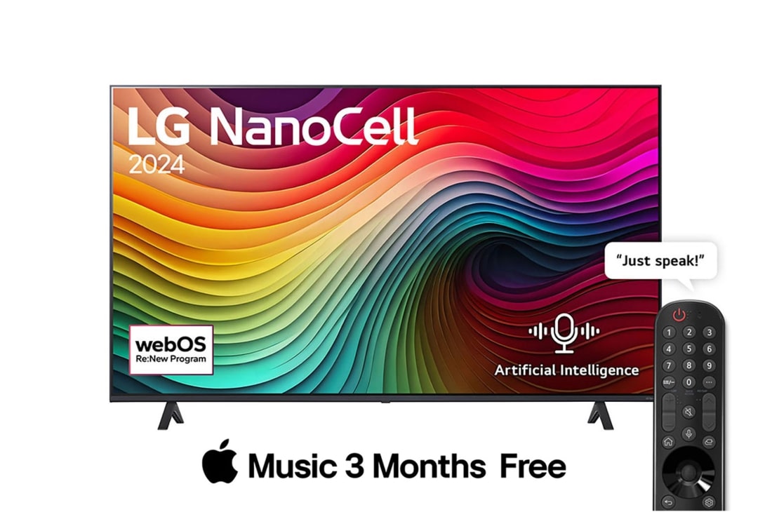LG 55 Inch LG NanoCell NANO80 4K Smart TV AI Magic remote HDR10 webOS24 2024, Front view of LG NanoCell TV, NANO80 with text of LG NanoCell, 2024, and webOS Re:New Program logo on screen, 55NANO80T6A