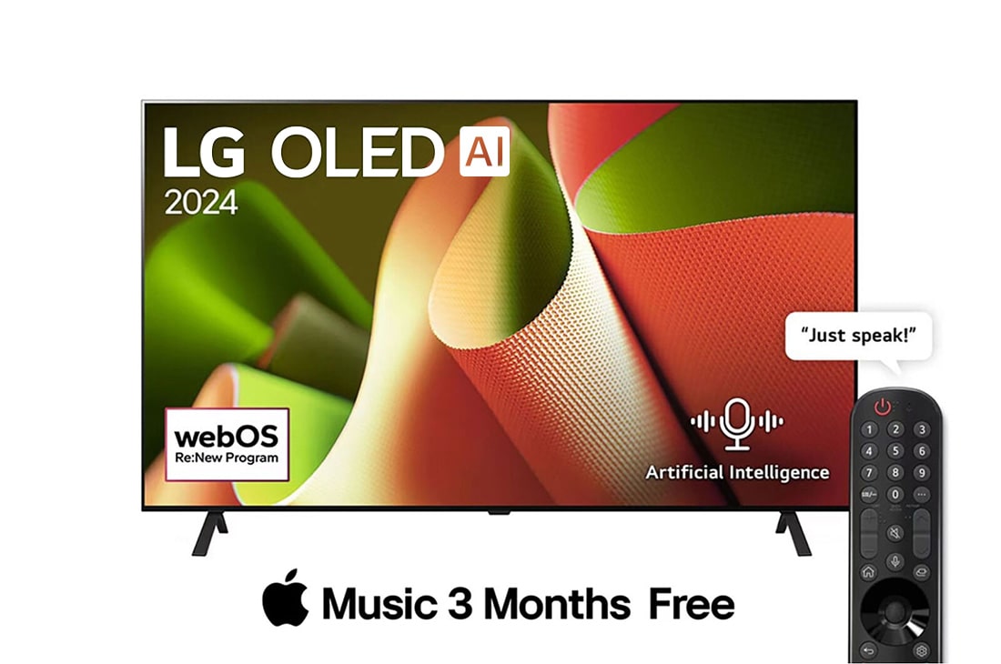 LG 77 Inch LG OLED AI B4 4K Smart TV AI Magic remote Dolby Vision webOS24 - OLED77B46LA (2024), Front view with LG OLED AI TV, OLED B4, 11 Years of world number 1 OLED Emblem and webOS Re:New Program logo on screen with 2-pole stand, OLED77B46LA