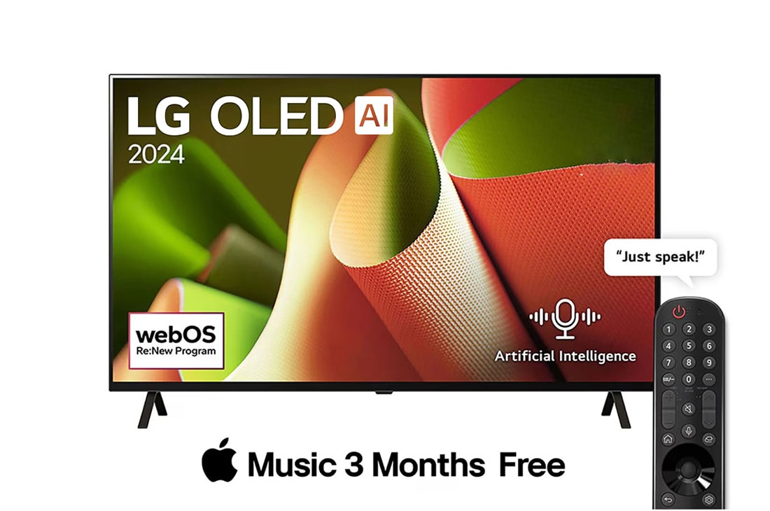 LG 55 Inch LG OLED AI B4 4K Smart TV AI Magic remote Dolby Vision webOS24 - OLED55B46LA (2024), Front view with LG OLED AI TV, OLED B4, 11 Years of world number 1 OLED Emblem and webOS Re:New Program logo on screen with 2-pole stand, OLED55B46LA