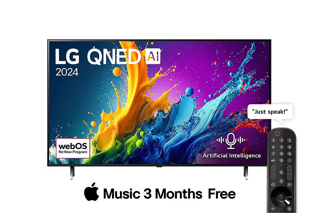 LG 75 Inch LG QNED AI QNED80 4K Smart TV AI Magic remote HDR10 webOS24 - 75QNED80T6B (2024), Front view of LG QNED TV, QNED80 with text of LG QNED AI, 2024, and webOS Re:New Program logo on screen, 75QNED80T6B