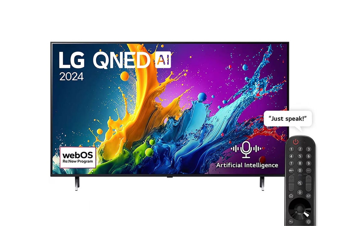 LG 86 Inch LG QNED AI QNED80 4K Smart TV AI Magic remote HDR10 webOS24 - 86QNED80T6B (2024), Front view of LG QNED TV, QNED80 with text of LG QNED AI, 2024, and webOS Re:New Program logo on screen, 86QNED80T6B