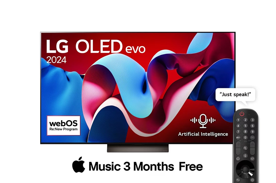 LG 77 Inch LG OLED evo C4 4K Smart TV AI Magic remote Dolby Vision webOS24 2024, Front view with LG OLED evo TV, OLED C4, 11 Years of world number 1 OLED Emblem logo and webOS Re:New Program logo on screen, as well as the Soundbar below, OLED77C46LA