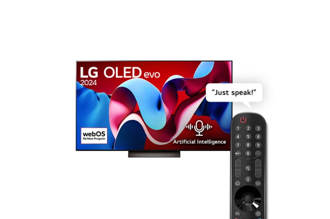 LG 77 Inch LG OLED evo C4 4K Smart TV AI Magic remote Dolby Vision webOS24 2024, Front view with LG OLED evo TV, OLED C4, 11 Years of world number 1 OLED Emblem logo and webOS Re:New Program logo on screen, as well as the Soundbar below, OLED77C46LA