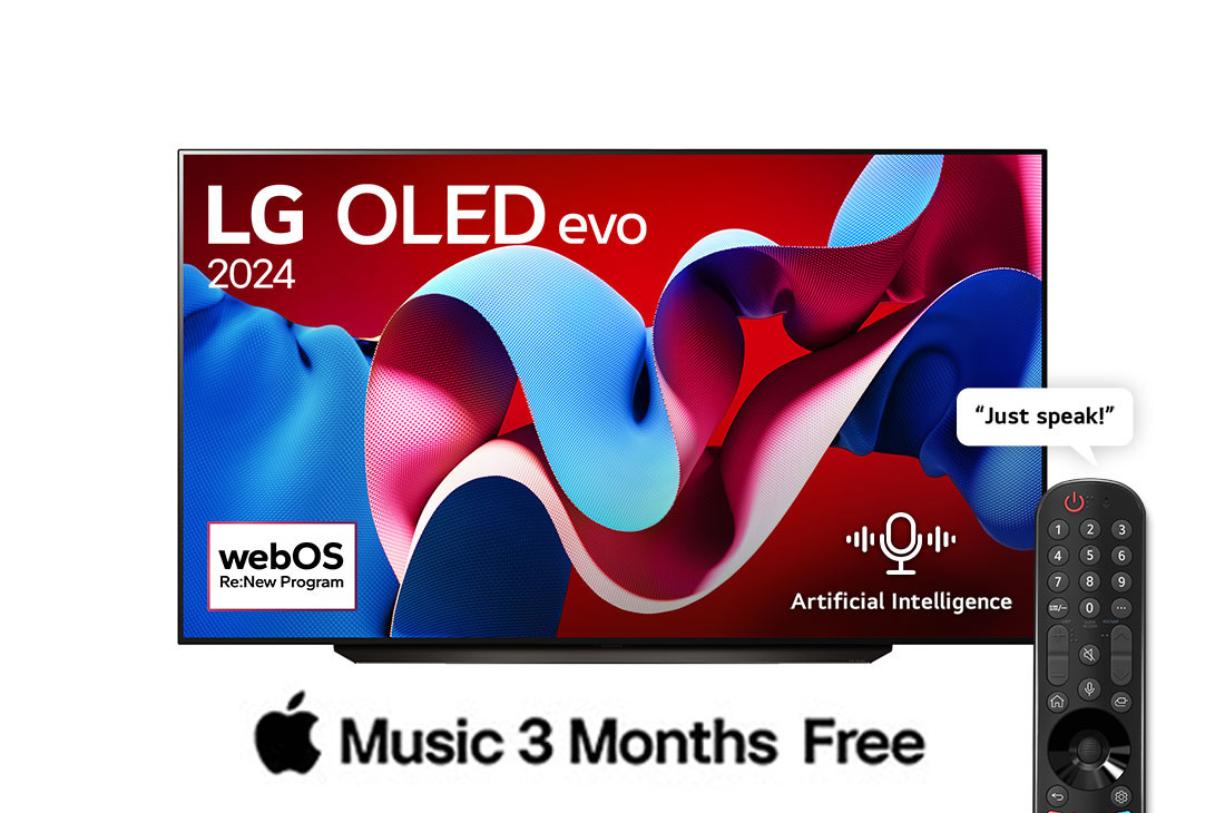 LG 83 Inch LG OLED evo C4 4K Smart TV AI Magic remote Dolby Vision webOS24 2024, Front view with LG OLED evo TV, OLED C4, 11 Years of world number 1 OLED Emblem and webOS Re:New Program logo on screen, OLED83C46LA