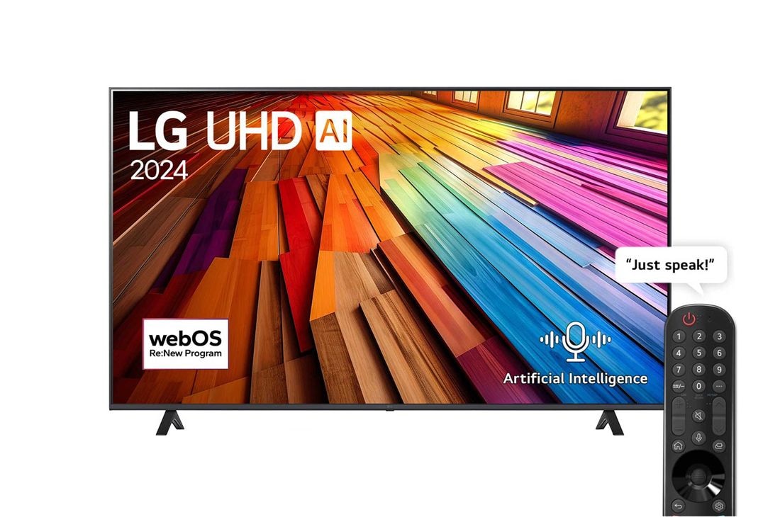 LG 75 Inch LG UHD AI UT80 4K Smart TV AI Magic remote HDR10 webOS24 (2024), Front view of LG UHD TV, UT80 with text of LG UHD AI ThinQ, 2024, and webOS Re:New Program logo on screen, 75UT80006LB