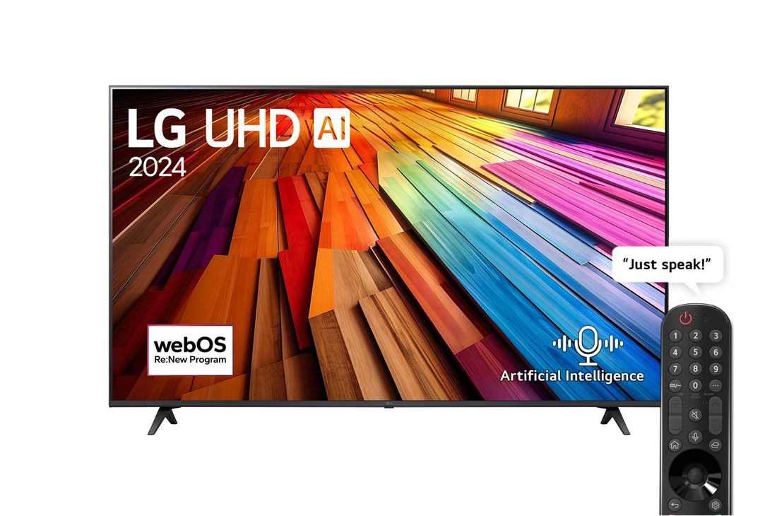 LG 65 Inch LG UHD AI UT80 4K Smart TV AI Magic remote HDR10 webOS24 (2024)  , Front view of LG UHD TV, UT80 with text of LG UHD AI ThinQ, 2024, and webOS Re:New Program logo on screen, 65UT80006LB